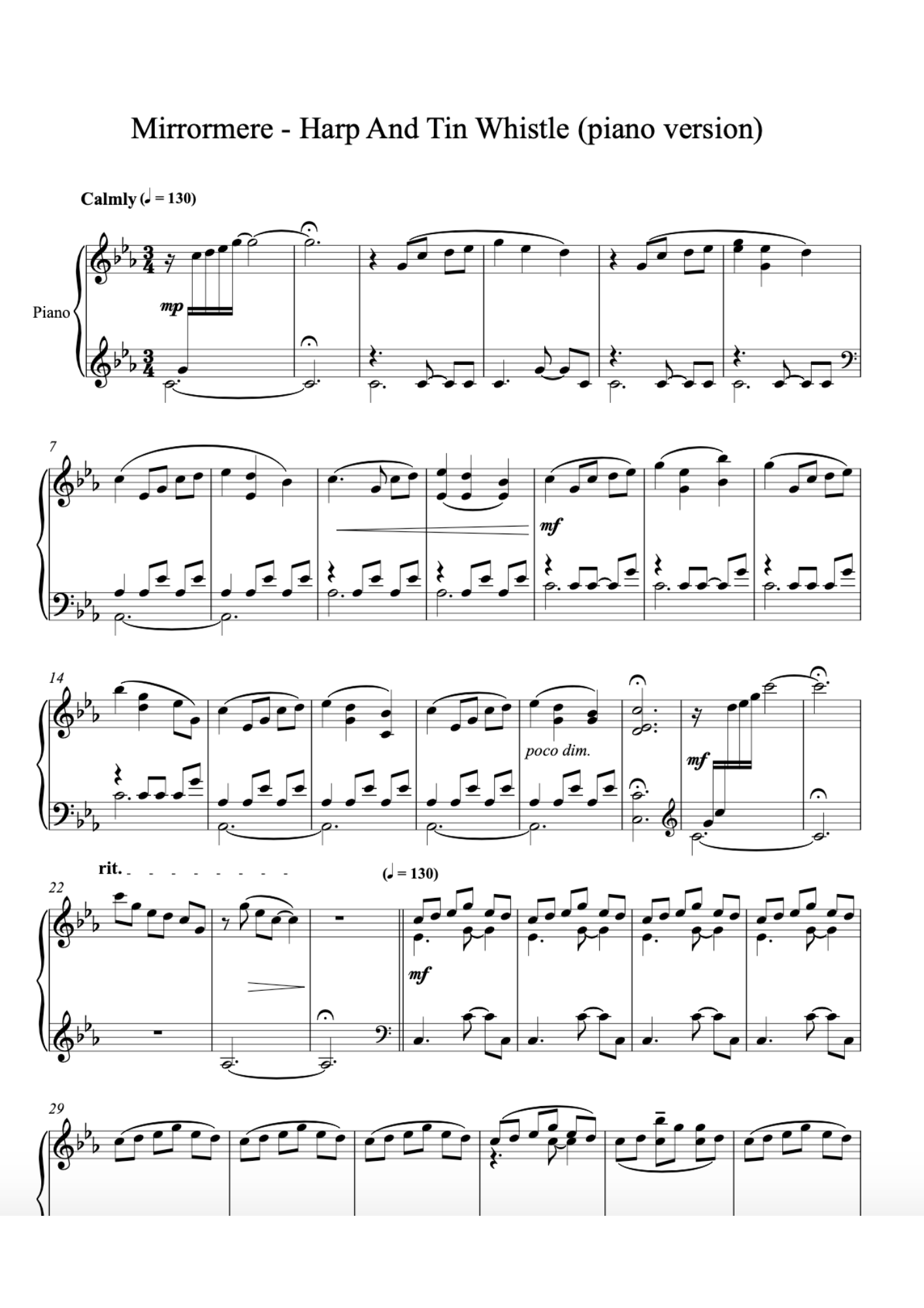 Mirrormere - Piano Sheet Music